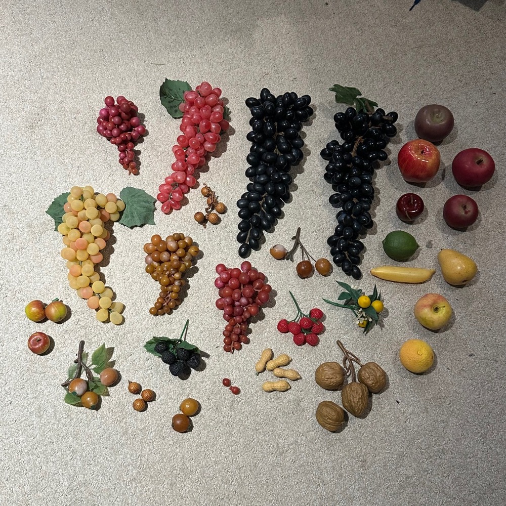 Vintage Artificial Fruit Lot Faux Grapes Apples Pears Nuts Kitchen Decor 30pc